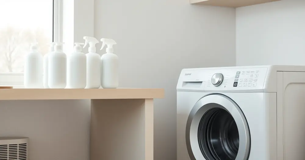 Frascos de produtos de limpeza ao lado de máquina de lavar