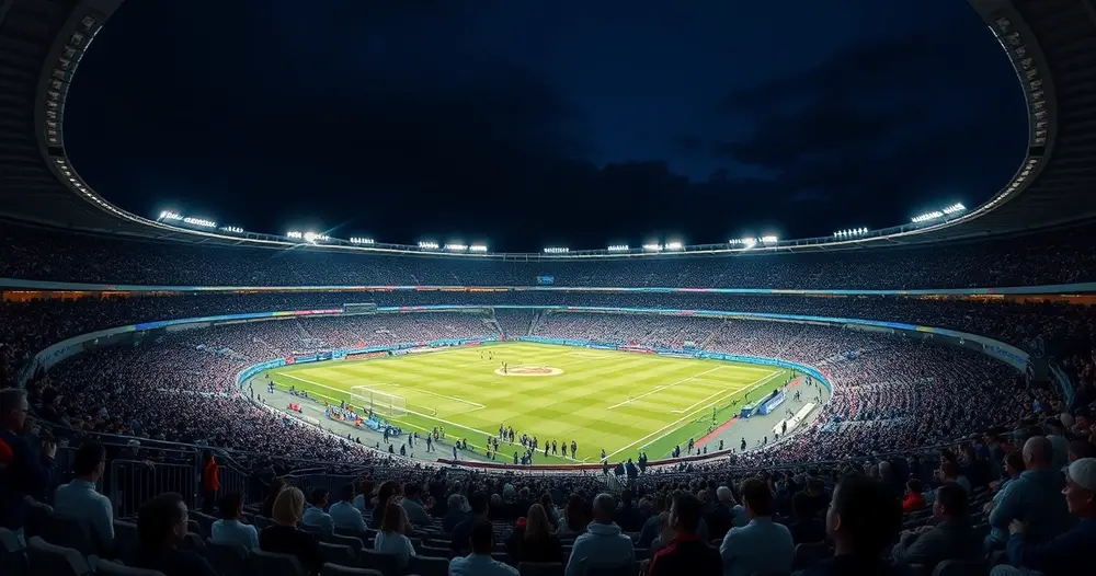 estádio de futebol iluminado à noite visto das arquibancadas
